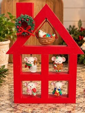 Vintage Christmas Mouse Family Wood House Display Hanging Ornaments